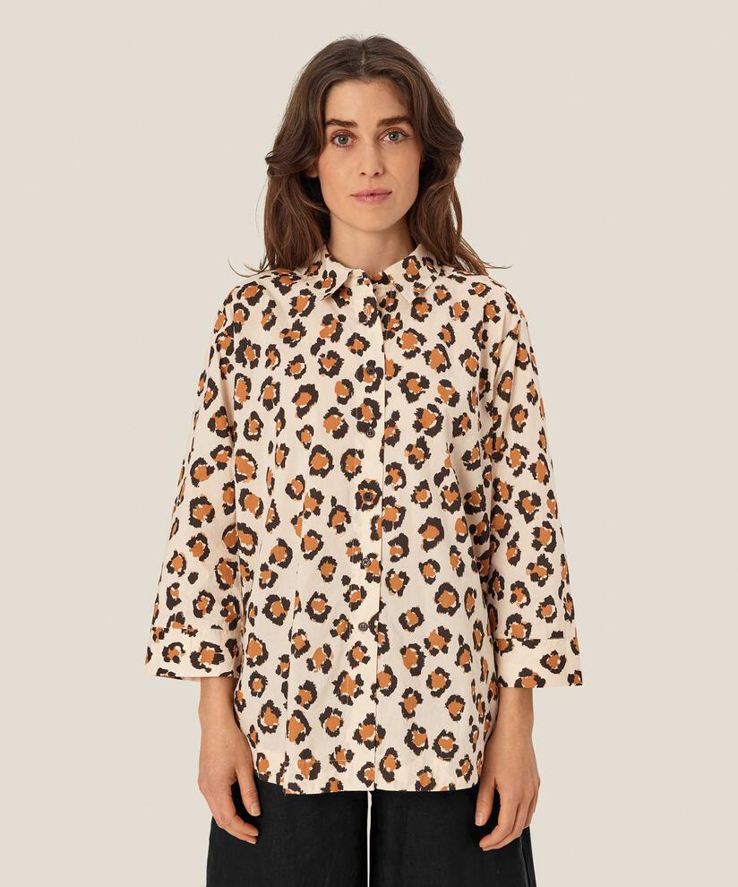 chemise en coton imprimé léopard à manches 3/4, Cashew