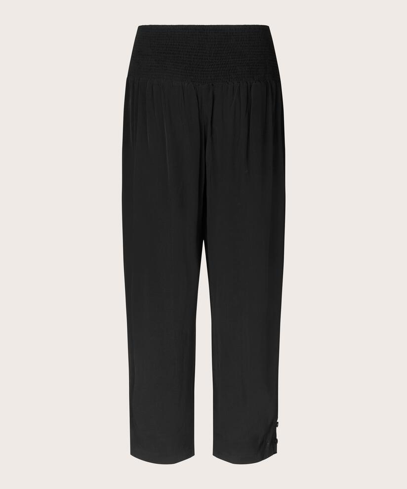 Pantalon En Viscose Avec Large Élastique Smocké Au Dos Et Détail Boutonné, Black
